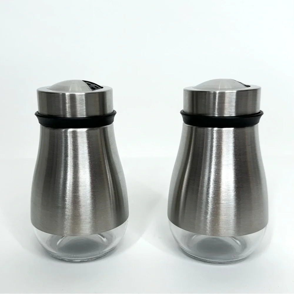Salt & Pepper Shakers Two Size Plastic Sifters Snap On Top Stainless Steel Glass
